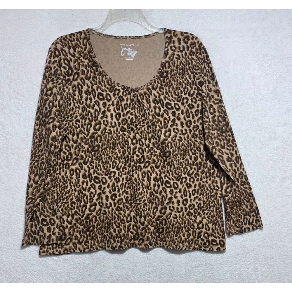 JMS Just My Size Leopard Animal Print Scoop Neck Long Sleeve Top Shirt 2X